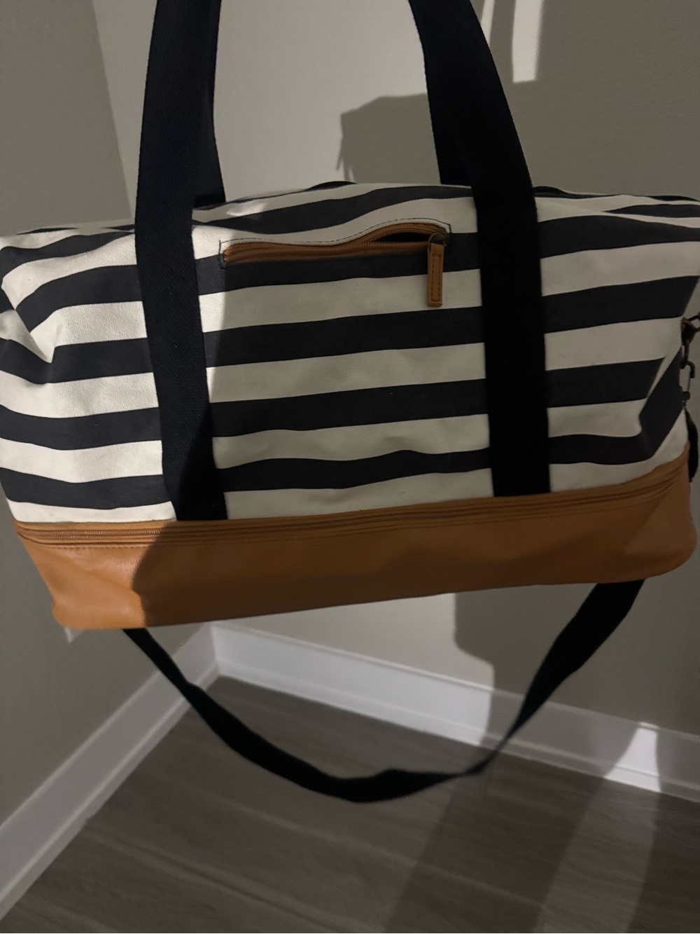 DSW Black & White Striped Duffel with Tan Trim